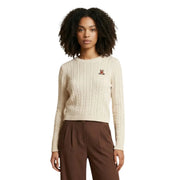 Jacqueline De Yong Damen-Baumwollpullover in Creme mit Zopfmuster, Rundhalsausschnitt und gesticktem Bären auf der Brust
