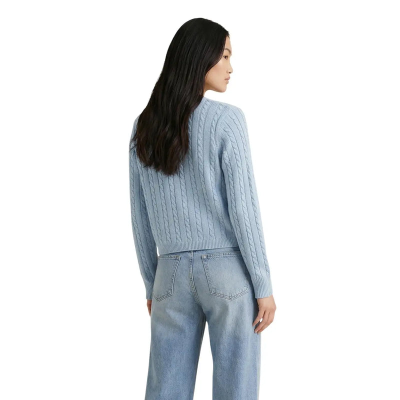 Hellblau Jacqueline De Yong Damen-Baumwollpullover mit Zopfmuster, geripptem Saum und Bündchen sowie Rundhalsausschnitt