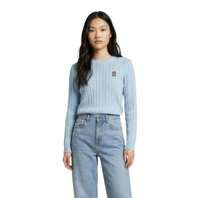 Hellblauer Zopfstrickpullover aus Baumwolle mit Rundhalsausschnitt und kleinem gesticktem Logo von Jacqueline de Yong (Damen).
