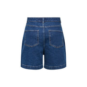 Back view of jacqueline de yong women blue denim cotton shorts featuring high waist and two back pockets