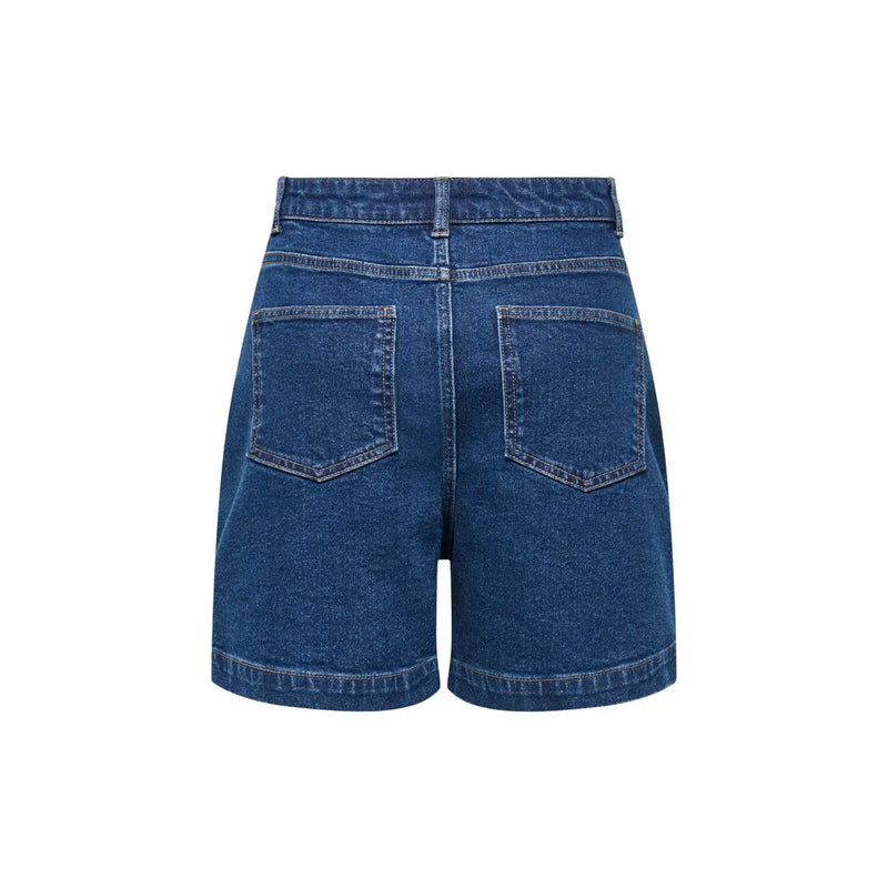 Back view of jacqueline de yong women blue denim cotton shorts featuring high waist and two back pockets