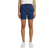 Dark blue denim cotton shorts by jacqueline de yong with classic faded wash and rolled cuffs for women