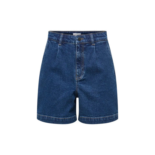 Jacqueline De Yong Damen-Shorts aus blauem Denim-Baumwollstoff mit hohem Bund, mittelblauer Waschung, sichtbaren Nähten und Knopfverschluss