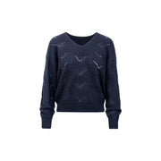 Jacqueline De Yong Damen-Strickpullover in Blau mit Glitzer, marineblauem V-Ausschnitt und Chevron-Muster aus Strickstoff