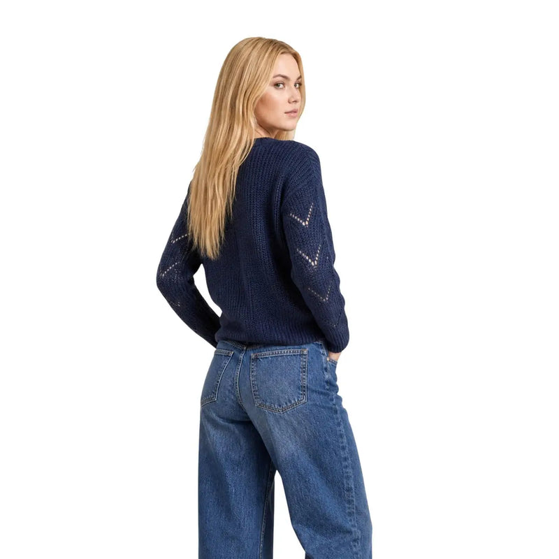 Jacqueline de Yong Damen-Strickpullover in Marineblau mit Glitzer, strukturiertem Muster und geometrischen Ärmeldetails
