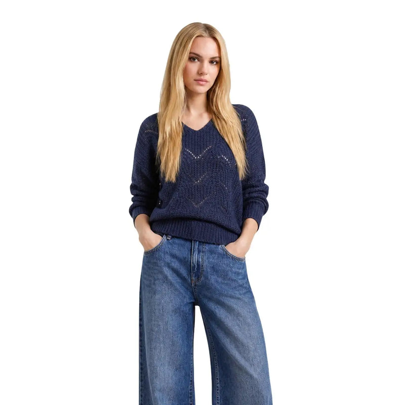 Jacqueline de Yong Damen-Strickpullover in Blau mit Glitzer und marineblauem, strukturiertem V-Ausschnitt aus Strickmaterial