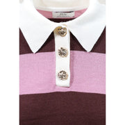Jacqueline de Yong Damen-Polopullover in Braun mit weißem Kragen, goldenen Knöpfen und Streifen in Altrosa und Burgunderrot