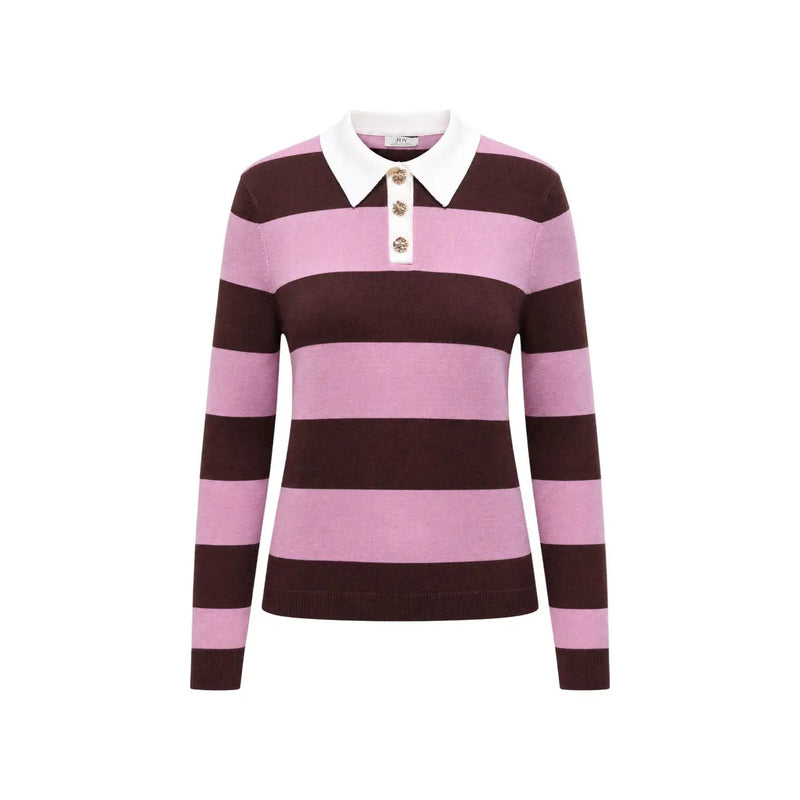 Jacqueline de Yong Damen-Polopullover aus braunem Strick mit rosa-braunen Streifen, weißem Kragen und Zierknöpfen