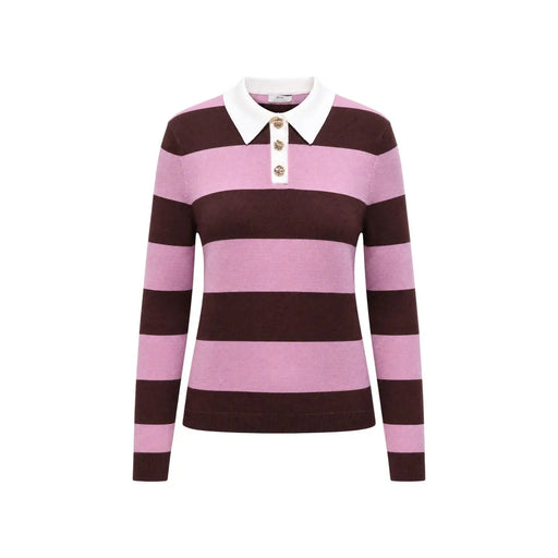 Jacqueline de Yong Damen-Polopullover aus braunem Strick mit rosa-braunen Streifen, weißem Kragen und Zierknöpfen