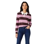 Jacqueline De Yong Brauner Damen-Polopullover aus Strick mit zartrosa und bordeauxroten Streifen, weißem Kragen und Knöpfen.
