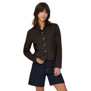 Jacqueline De Yong women brown suede blazer jacket with dark brown long sleeves button up and metallic buttons