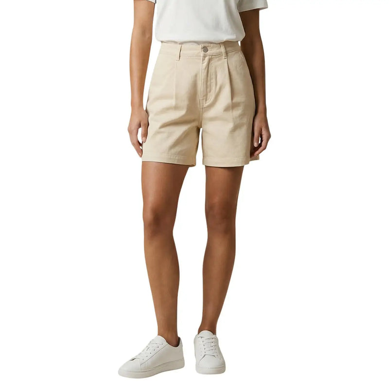 Jacqueline de yong women green cotton pleated denim shorts with beige button closure and front pockets
