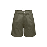 Olive green cotton pleated denim shorts for women by jacqueline de yong with button closure and belt loops