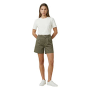 Jacqueline de yong women green cotton pleated denim shorts in olive green with a pleated design front view