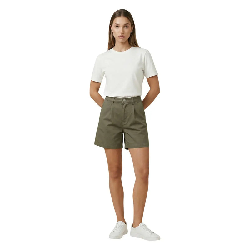 Jacqueline de yong women green cotton pleated denim shorts in olive green with a pleated design front view