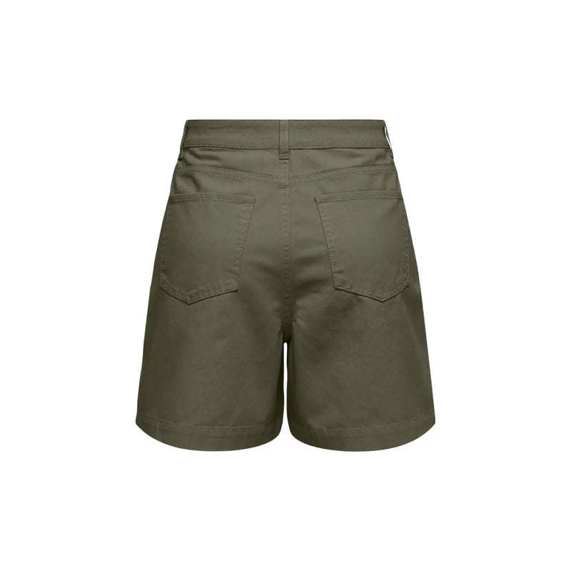 Olive green cotton pleated denim shorts for women by jacqueline de yong shown from the back with two pockets and button closure