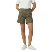 Olive green cotton pleated denim shorts for women by jacqueline de yong with button closure and belt loops