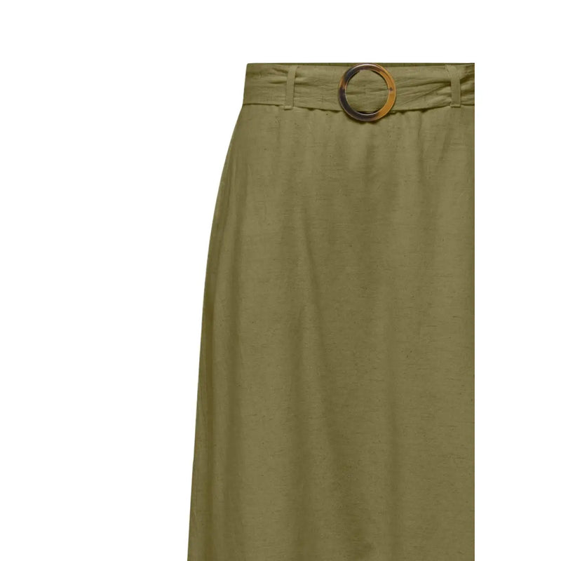 Jacqueline de yong women green linen blend belted skirt with olive green fabric and gold toned circular belt buckle