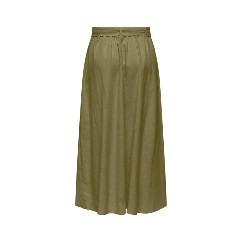 Olive green high-waisted midi skirt with gathered waistband and subtle pleats jacqueline de yong linen blend belted skirt