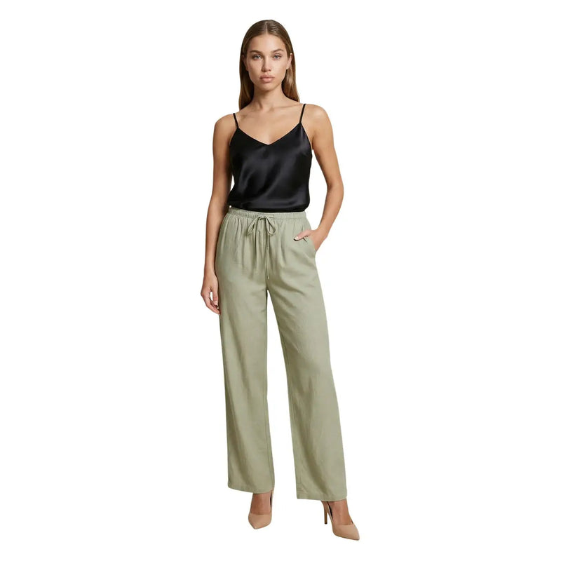 Olivgrüne Leinenhose mit weitem Bein und Kordelzugbund von Jacqueline de Yong für Damen