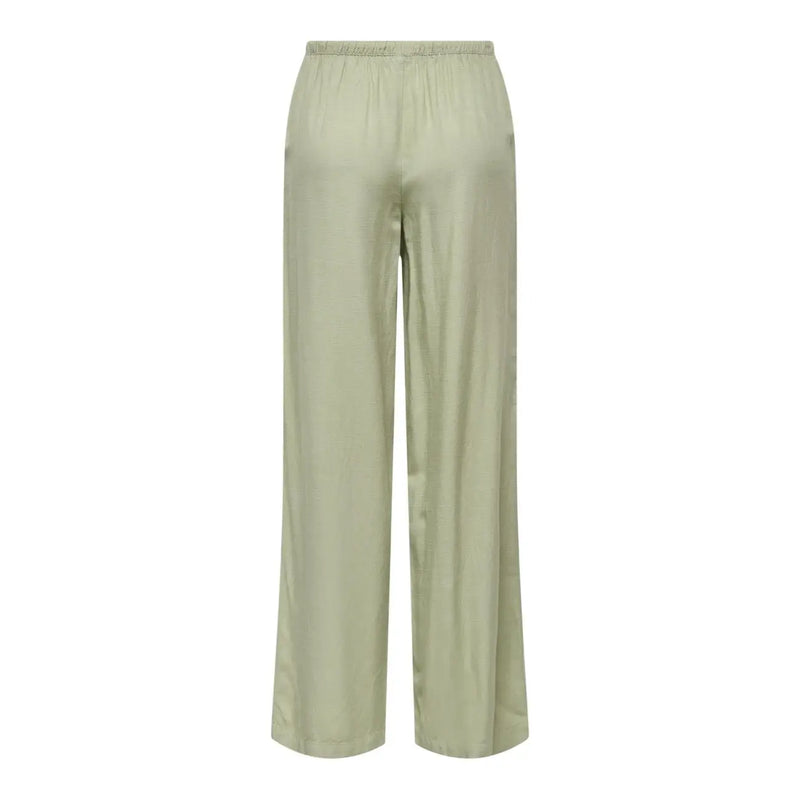 Eine grüne Leinenhose von Jacqueline De Yong mit weitem Bein, Schnürung und elastischem Bund aus hellgrünem Satin.