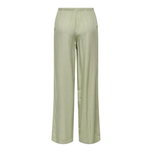Eine grüne Leinenhose von Jacqueline De Yong mit weitem Bein, Schnürung und elastischem Bund aus hellgrünem Satin.
