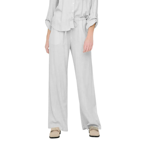 Jacqueline de yong women green linen trousers with laces featuring light gray wide-leg drawstring waist and side pockets