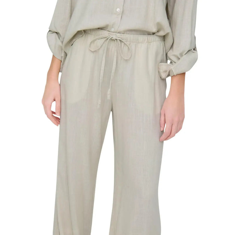 Beige Leinenhose mit Kordelzugbund und hochgekrempelten Ärmeln von Jacqueline De Yong Damen-Kollektion aus grauem Leinen mit regulärer Passform