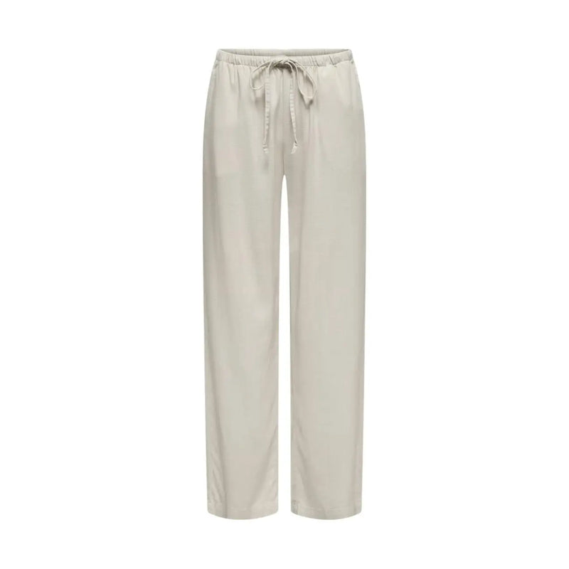 Jacqueline de Yong Damen-Leinenhose in Grau, normale Passform, hier abgebildet als beige Satinhose mit weitem Bein, elastischem Bund und Kordelzug