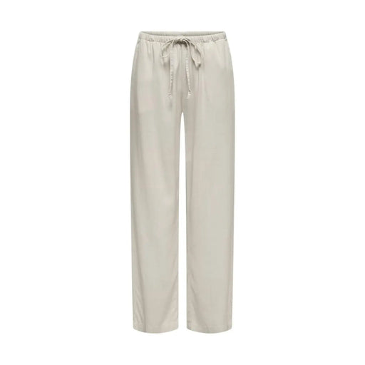 Jacqueline de Yong Damen-Leinenhose in Grau, normale Passform, hier abgebildet als beige Satinhose mit weitem Bein, elastischem Bund und Kordelzug