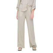 Graue Leinenhose für Damen von Jacqueline de Yong, normale Passform, beigefarbenes, weites Bein, Kordelzug im Bund und dezente Falten.