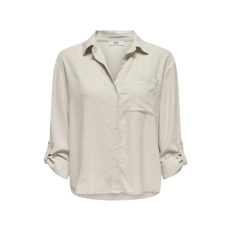 Beige J.ey button-down blouse with rolled cuffs and chest pocket in Jacqueline de Yong grey linen V neck loose shirt style