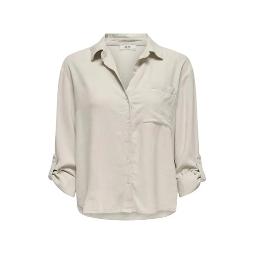 Beige J.ey button-down blouse with rolled cuffs and chest pocket in Jacqueline de Yong grey linen V neck loose shirt style