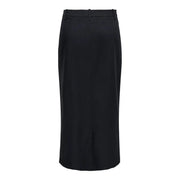Black high-waisted midi skirt with sleek straight-cut silhouette and subtle front seam detail in polyester blend