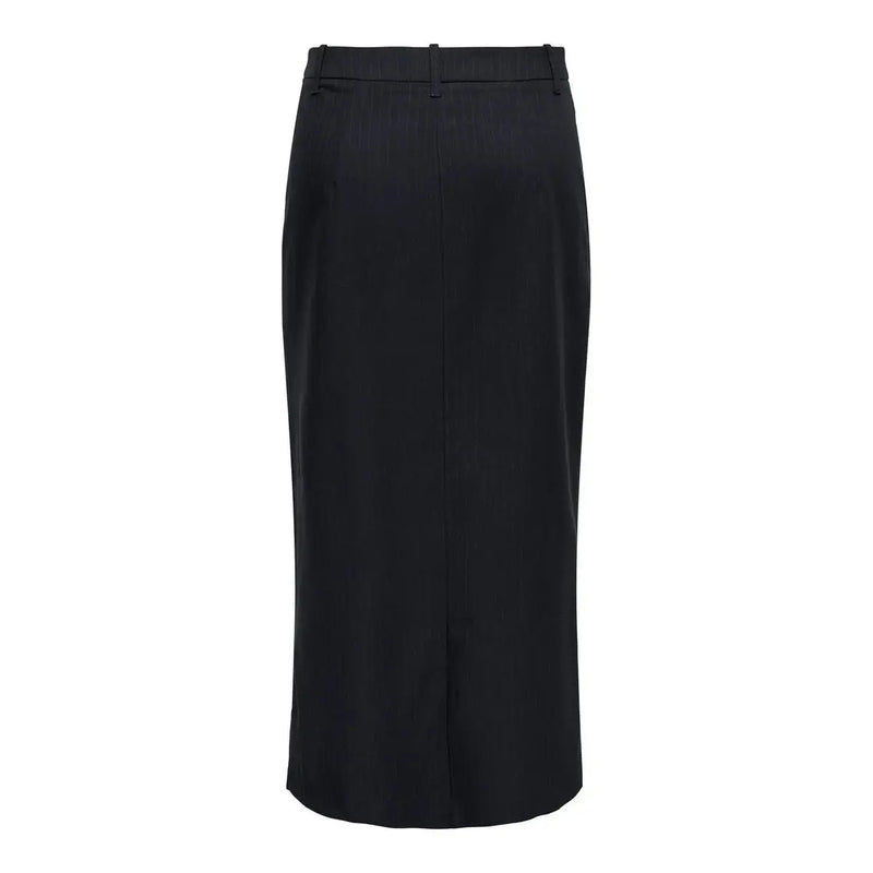 Black high-waisted midi skirt with sleek straight-cut silhouette and subtle front seam detail in polyester blend