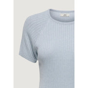 Jacqueline de Yong women light blue ribbed knit viscose short-sleeved t shirt with round neckline and subtle shimmer