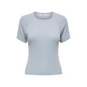 Jacqueline de yong women light blue ribbed knit viscose short-sleeved t shirt with round neckline