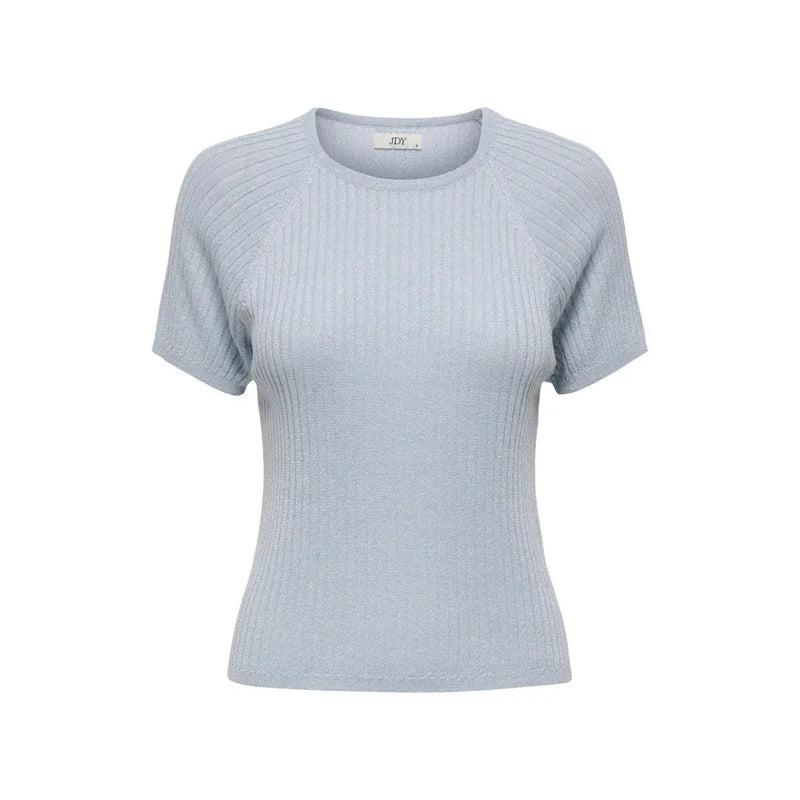 Jacqueline de yong women light blue ribbed knit viscose short-sleeved t shirt with round neckline