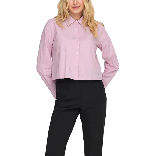 A soft pink cotton long-sleeved button-up shirt with subtle embroidered details by Jacqueline De Yong women