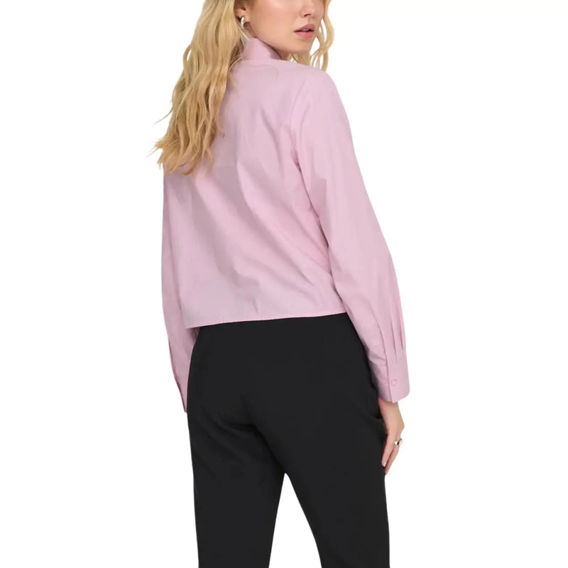 A soft pink cotton long-sleeved button-up blouse with classic collar and subtle back pleats from Jacqueline De Yong