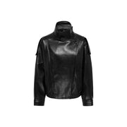 Jacqueline de yong women black polyurethane moto jacket with high collar and shoulder patches in faux leather