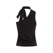 Jacqueline de Yong Damen-Ein-Schulter-Schal, braun top Lyocell mit schwarzem Satin-Neckholder-Nackenband und asymmetrischem Ausschnitt