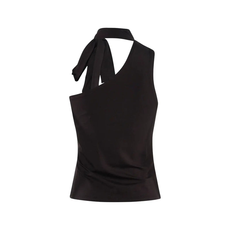 Jacqueline de Yong Damen-Ein-Schulter-Schal, braun top Lyocell mit schwarzem Satin-Neckholder-Nackenband und asymmetrischem Ausschnitt