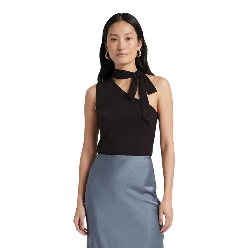 Jacqueline De Yong Damen-Over-Shoulder aus braunem Lyocell top mit schwarzem Neckholder-Ausschnitt und Schleife am Hals