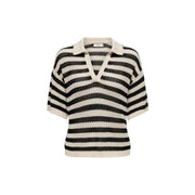Jacqueline de Yong Damen-Polopullover mit Streifenmuster in Schwarz und Creme mit strukturiertem Lochmuster