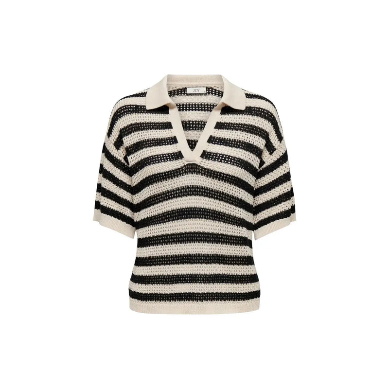 Jacqueline de Yong Damen-Polopullover mit Streifenmuster in Schwarz und Creme mit strukturiertem Lochmuster