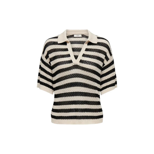 Jacqueline de Yong Damen-Polopullover mit Streifenmuster in Schwarz und Creme mit strukturiertem Lochmuster