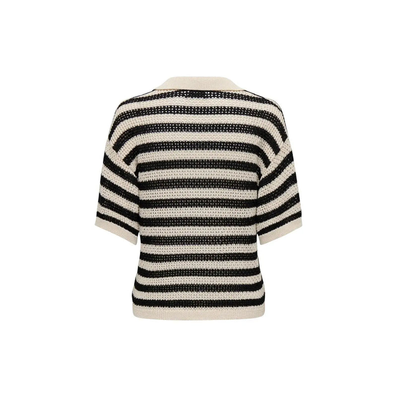 Jacqueline de Yong Damen-Polopullover mit Streifen, schwarz, mit schwarz-cremefarbenem Streifenmuster und Kragen