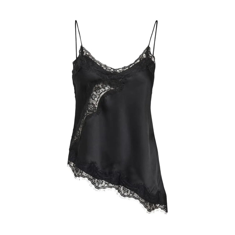 Schwarzes Satin-Camisole mit zarter Spitzenborte und asymmetrischem Saum aus Polyester von Jacqueline de Yong in Größe S