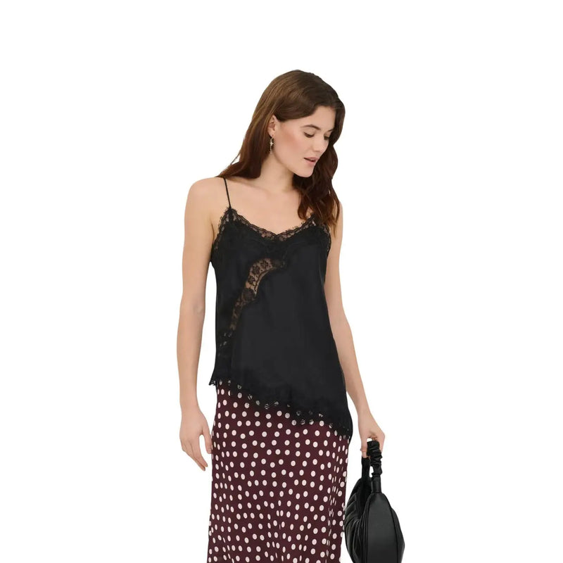 Jacqueline de Yong Damen Tank top Schwarzes Seiden-Camisole mit asymmetrischem schwarzem Spitzenbesatz, Polyester, Größe S